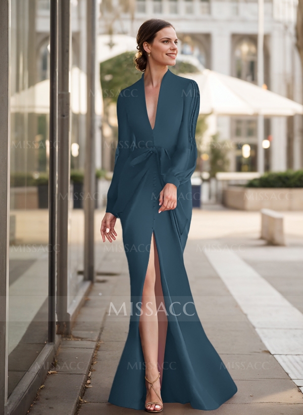 Floor Length Long Dress With Split In Front Sheath V-Neck Long