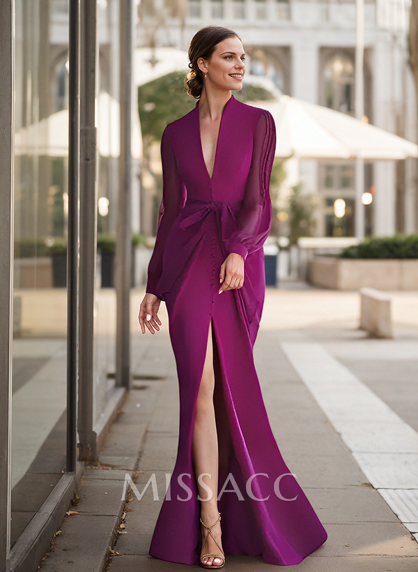 Sheath V-Neck Long Sleeves Floor-Length Mother Of The Bride Dresses With Split Front Sheath V-Neck Long Sleeves Floor-Length Mother Of The Bride Dresses With Split Front