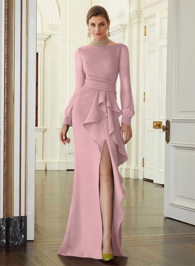 Sheath Scoop Neck Long Sleeves Floor-Length Mother Of The Bride Dresses With Split Front