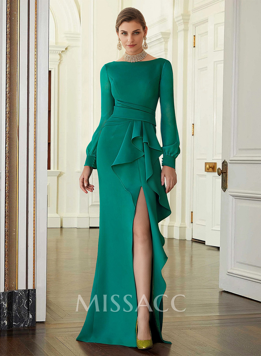 Sheath Scoop Neck Long Sleeves Floor-Length Mother Of The Bride Dresses With Split Front Sheath Scoop Neck Long Sleeves Floor-Length Mother Of The Bride Dresses With Split Front