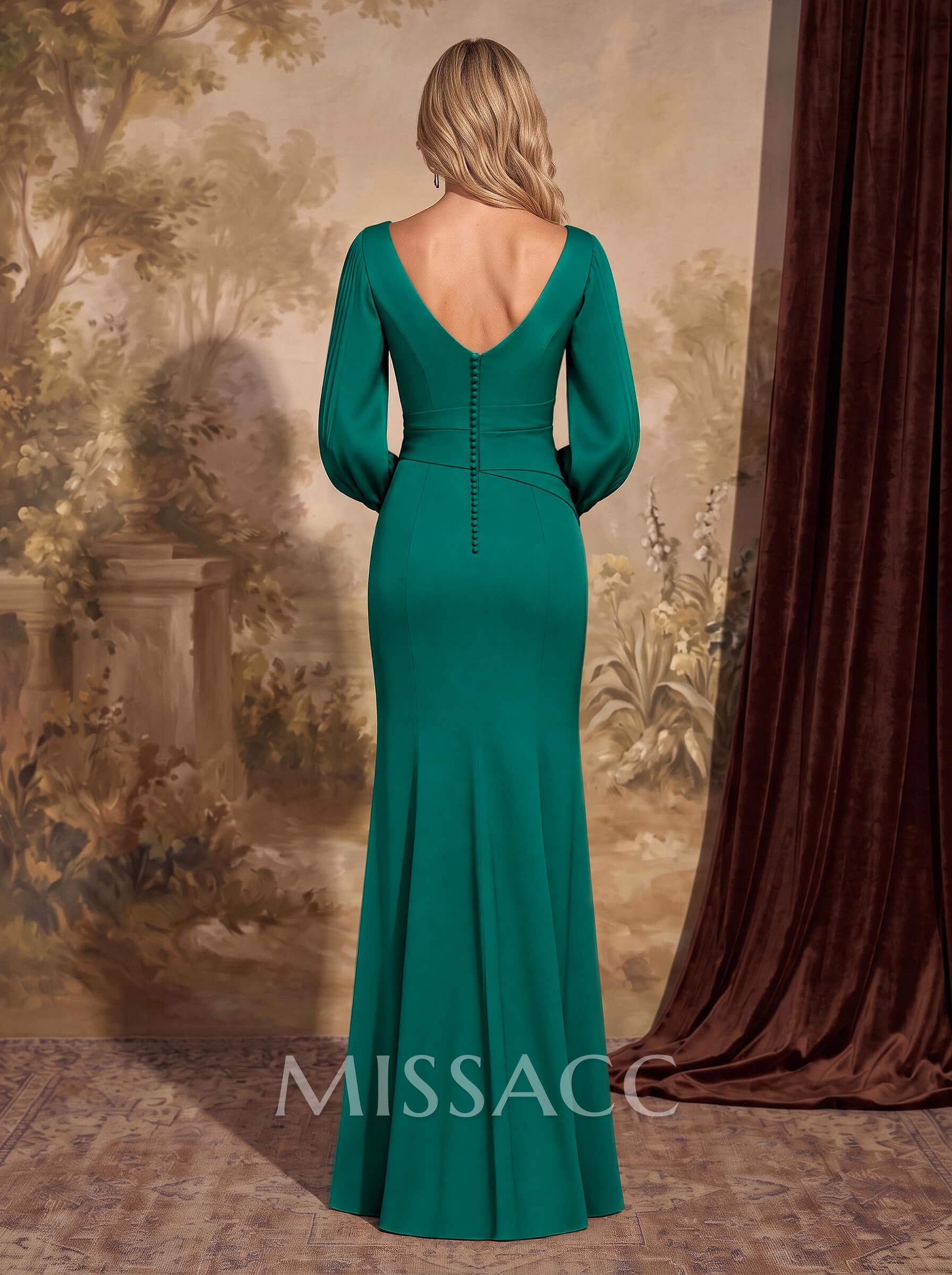 Fitted Scoop Neck Long Sleeve Maxi Mother Of The Bride Dress With Front Split