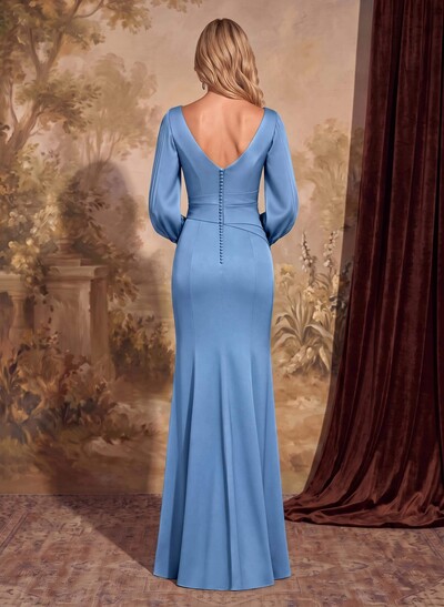 Fitted Scoop Neck Long Sleeve Maxi Mother Of The Bride Dress With Front Split