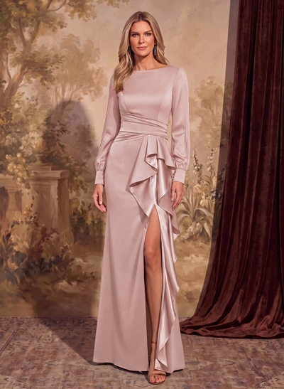 Sheath Scoop Neck Long Sleeves Floor-Length Mother Of The Bride Dresses With Split Front