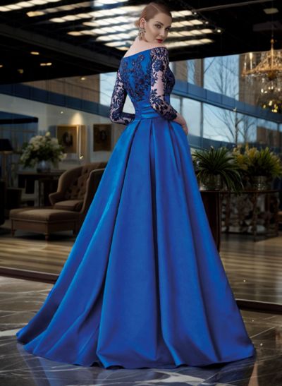 A-Line Off-The-Shoulder 3/4 Sleeves Sweep Train Lace/Satin Evening Dresses With Split Front