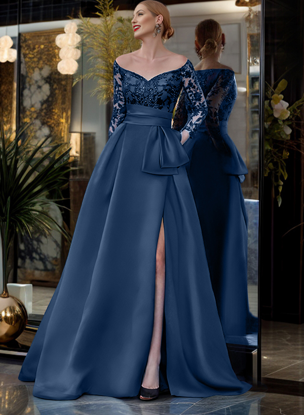 A-Line Off-The-Shoulder 3/4 Sleeves Sweep Train Lace/Satin Mother Of The Bride Dresses With Split Front