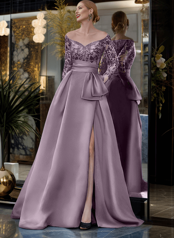 A-Line Off-The-Shoulder 3/4 Sleeves Sweep Train Lace/Satin Mother Of The Bride Dresses With Split Front