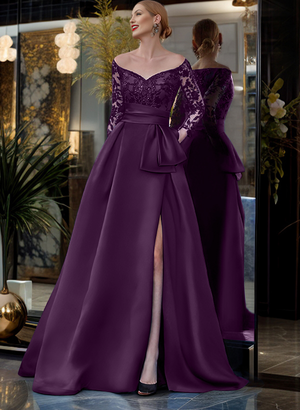 A-Line Off-The-Shoulder 3/4 Sleeves Sweep Train Lace/Satin Mother Of The Bride Dresses With Split Front