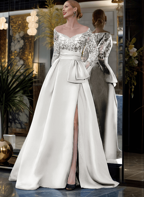 A-Line Off-The-Shoulder 3/4 Sleeves Sweep Train Lace/Satin Mother Of The Bride Dresses With Split Front