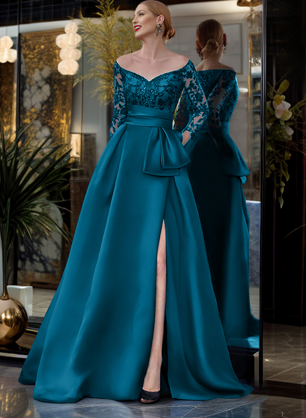 A-Line Off-The-Shoulder 3/4 Sleeves Sweep Train Lace/Satin Mother Of The Bride Dresses With Split Front