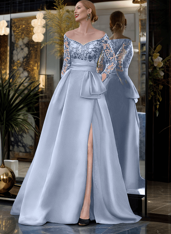 A-Line Off-The-Shoulder 3/4 Sleeves Sweep Train Lace/Satin Mother Of The Bride Dresses With Split Front