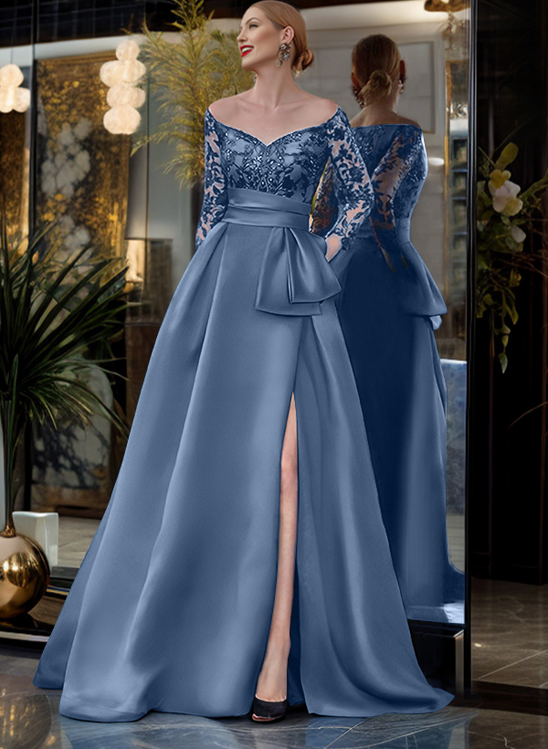 A-Line Off-The-Shoulder 3/4 Sleeves Sweep Train Lace/Satin Mother Of The Bride Dresses With Split Front