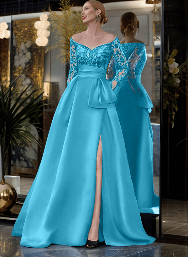 A-Line Off-The-Shoulder 3/4 Sleeves Sweep Train Lace/Satin Mother Of The Bride Dresses With Split Front