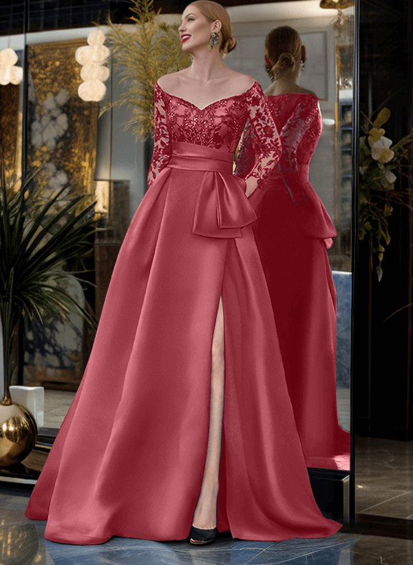 A-Line Off-The-Shoulder 3/4 Sleeves Sweep Train Lace/Satin Mother Of The Bride Dresses With Split Front
