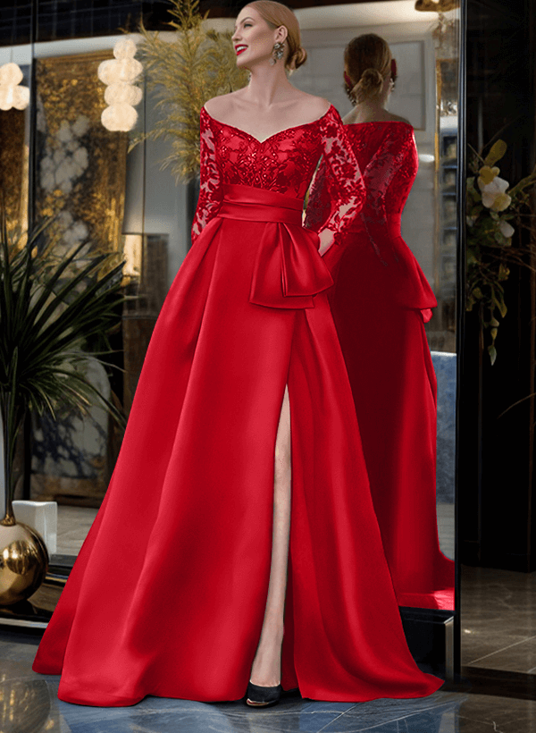 A-Line Off-The-Shoulder 3/4 Sleeves Sweep Train Lace/Satin Mother Of The Bride Dresses With Split Front