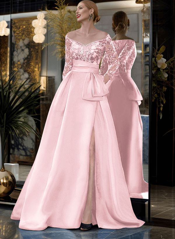 A-Line Off-The-Shoulder 3/4 Sleeves Sweep Train Lace/Satin Mother Of The Bride Dresses With Split Front