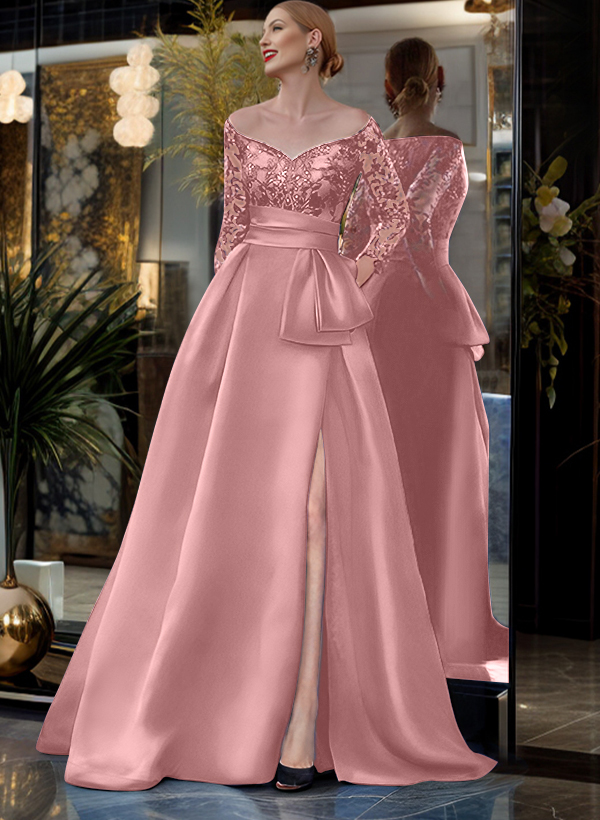 A-Line Off-The-Shoulder 3/4 Sleeves Sweep Train Lace/Satin Mother Of The Bride Dresses With Split Front