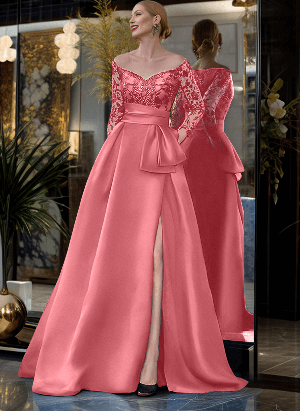 Trapèze Épaules Dégagées Manches 3/4 Balayage/Pinceau Train Dentelle/Satin Robes Mère De La Mariée Avec Avant Fendu