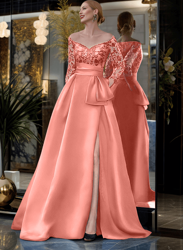 A-Line Off-The-Shoulder 3/4 Sleeves Sweep Train Lace/Satin Mother Of The Bride Dresses With Split Front