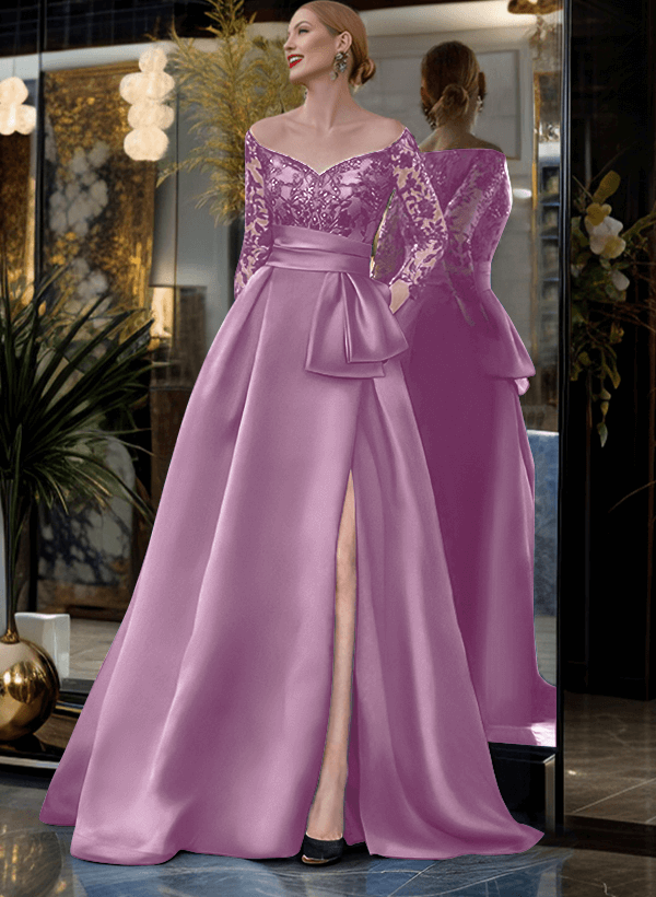 A-Line Off-The-Shoulder 3/4 Sleeves Sweep Train Lace/Satin Mother Of The Bride Dresses With Split Front