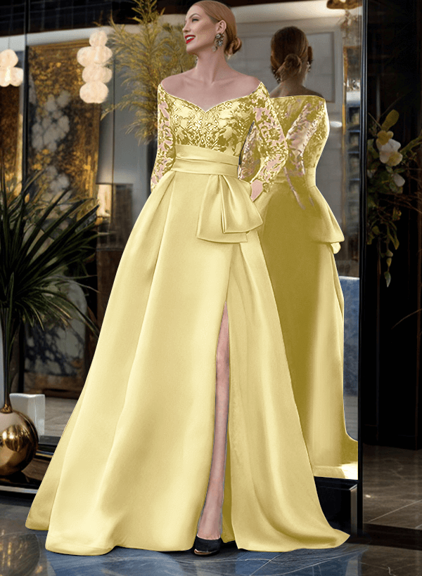 A-Line Off-The-Shoulder 3/4 Sleeves Sweep Train Lace/Satin Mother Of The Bride Dresses With Split Front