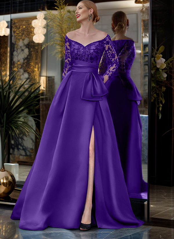 A-Line Off-The-Shoulder 3/4 Sleeves Sweep Train Lace/Satin Mother Of The Bride Dresses With Split Front