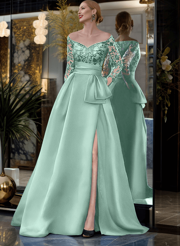 A-Line Off-The-Shoulder 3/4 Sleeves Sweep Train Lace/Satin Mother Of The Bride Dresses With Split Front