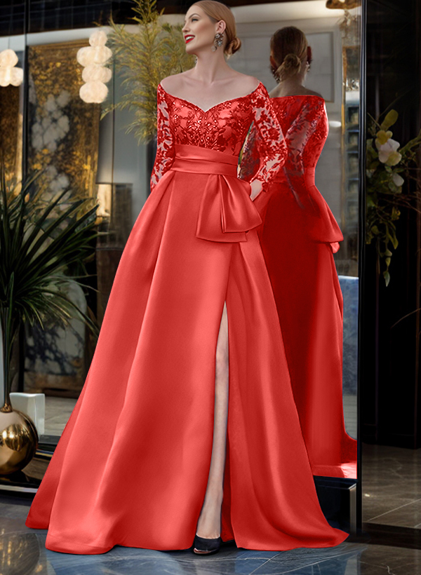 A-Line Off-The-Shoulder 3/4 Sleeves Sweep Train Lace/Satin Mother Of The Bride Dresses With Split Front