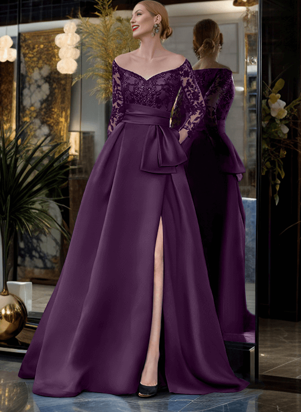 A-Line Off-The-Shoulder 3/4 Sleeves Sweep Train Lace/Satin Mother Of The Bride Dresses With Split Front