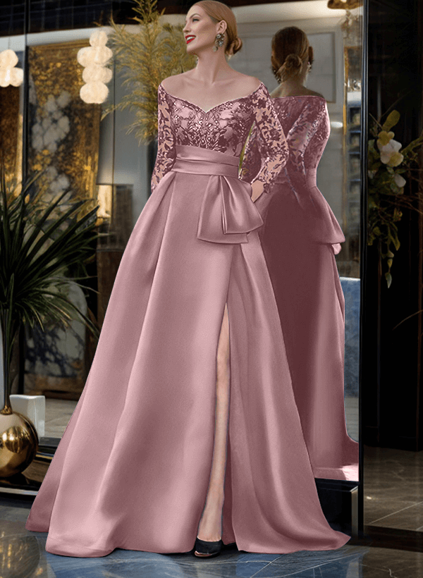 A-Line Off-The-Shoulder 3/4 Sleeves Sweep Train Lace/Satin Mother Of The Bride Dresses With Split Front