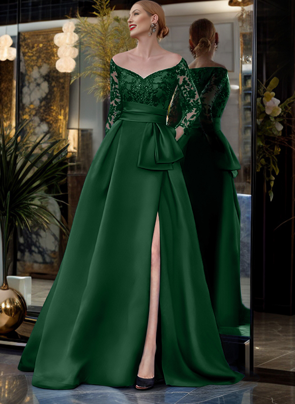 A-Line Off-The-Shoulder 3/4 Sleeves Sweep Train Lace/Satin Mother Of The Bride Dresses With Split Front
