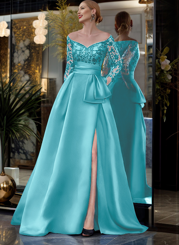 A-Line Off-The-Shoulder 3/4 Sleeves Sweep Train Lace/Satin Mother Of The Bride Dresses With Split Front