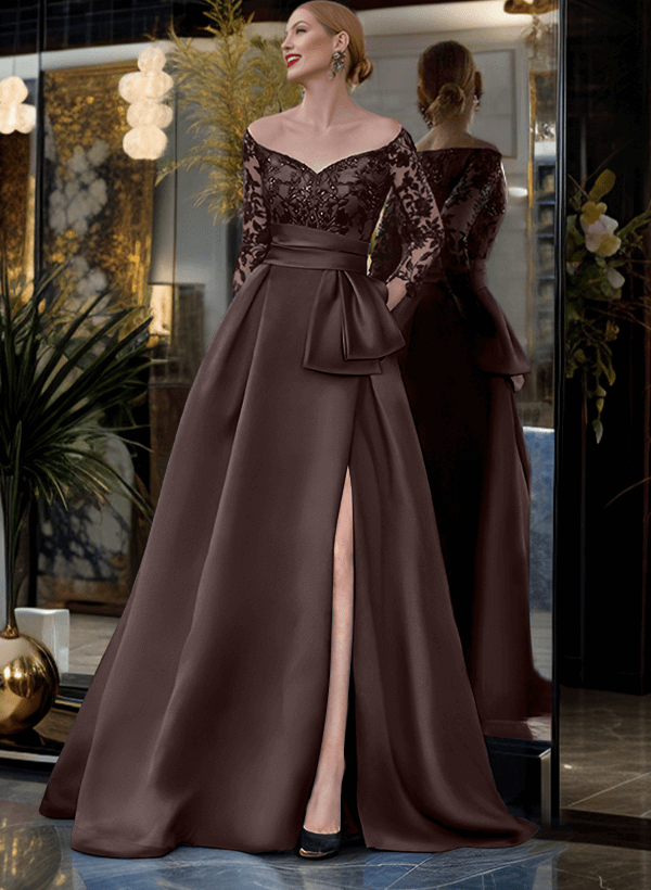 A-Line Off-The-Shoulder 3/4 Sleeves Sweep Train Lace/Satin Mother Of The Bride Dresses With Split Front