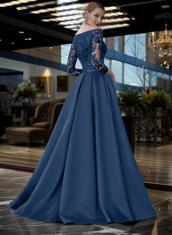 A-Line Off-The-Shoulder 3/4 Sleeves Sweep Train Lace/Satin Mother Of The Bride Dresses With Split Front