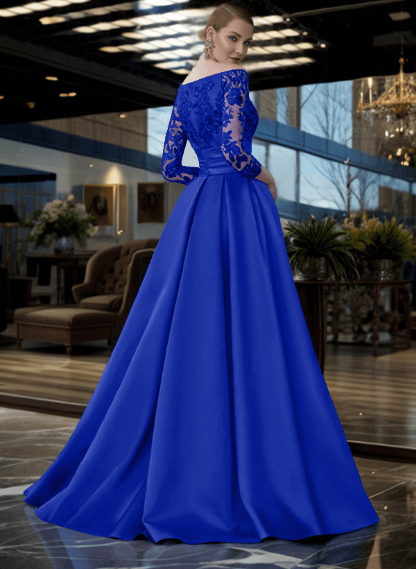 A-Line Off-The-Shoulder 3/4 Sleeves Sweep Train Lace/Satin Mother Of The Bride Dresses With Split Front