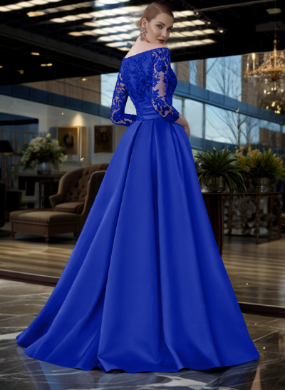 A-Line Off-The-Shoulder 3/4 Sleeves Sweep Train Lace/Satin Mother Of The Bride Dresses With Split Front