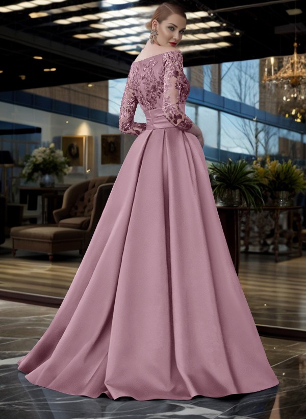 A-Line Off-The-Shoulder 3/4 Sleeves Sweep Train Lace/Satin Mother Of The Bride Dresses With Split Front