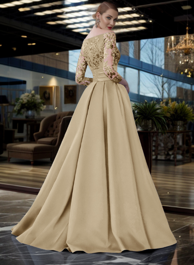 A-Line Off-The-Shoulder 3/4 Sleeves Sweep Train Lace/Satin Evening Dresses With Split Front