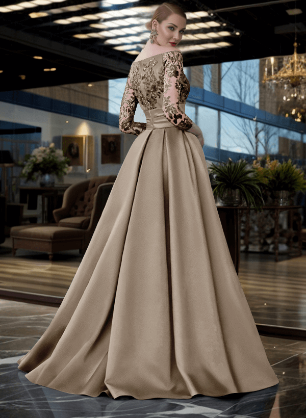 A-Line Off-The-Shoulder 3/4 Sleeves Sweep Train Lace/Satin Mother Of The Bride Dresses With Split Front