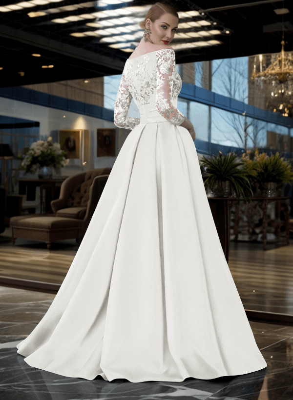 A-Line Off-The-Shoulder 3/4 Sleeves Sweep Train Lace/Satin Mother Of The Bride Dresses With Split Front
