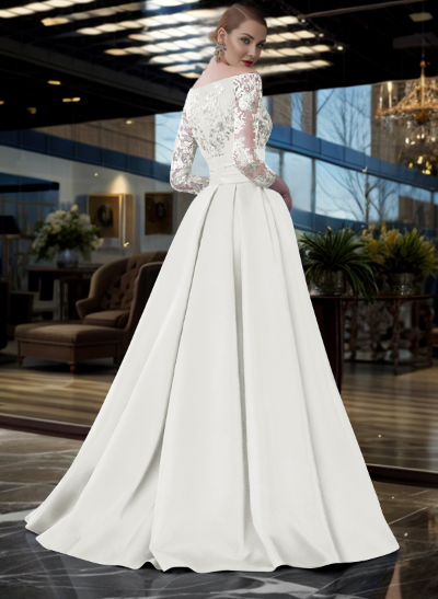 A-Line Off-The-Shoulder 3/4 Sleeves Sweep Train Lace/Satin Evening Dresses With Split Front