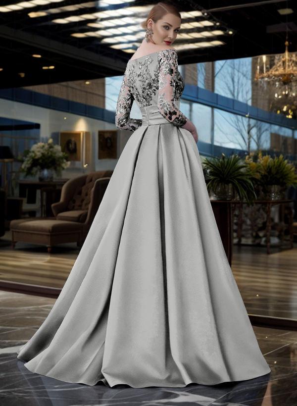 A-Line Off-The-Shoulder 3/4 Sleeves Sweep Train Lace/Satin Mother Of The Bride Dresses With Split Front