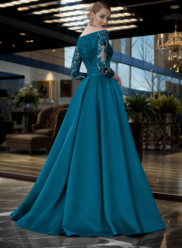 A-Line Off-The-Shoulder 3/4 Sleeves Sweep Train Lace/Satin Mother Of The Bride Dresses With Split Front
