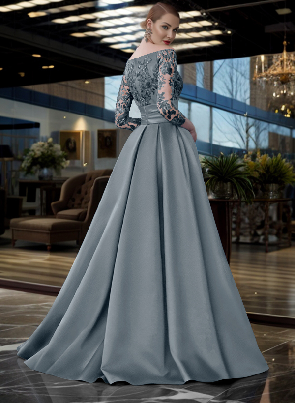 A-Line Off-The-Shoulder 3/4 Sleeves Sweep Train Lace/Satin Mother Of The Bride Dresses With Split Front