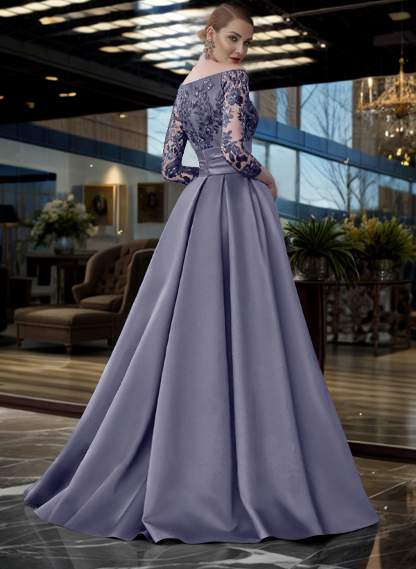 A-Line Off-The-Shoulder 3/4 Sleeves Sweep Train Lace/Satin Mother Of The Bride Dresses With Split Front