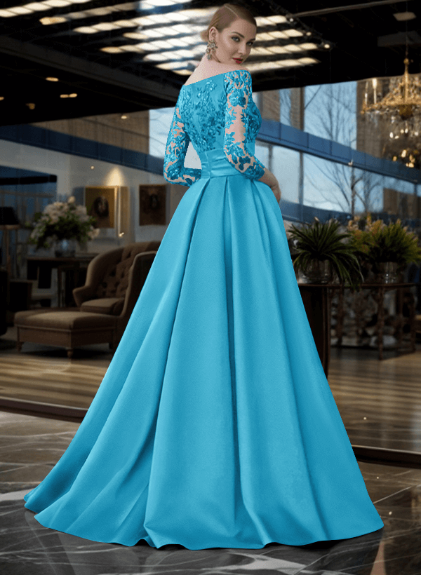 A-Line Off-The-Shoulder 3/4 Sleeves Sweep Train Lace/Satin Mother Of The Bride Dresses With Split Front