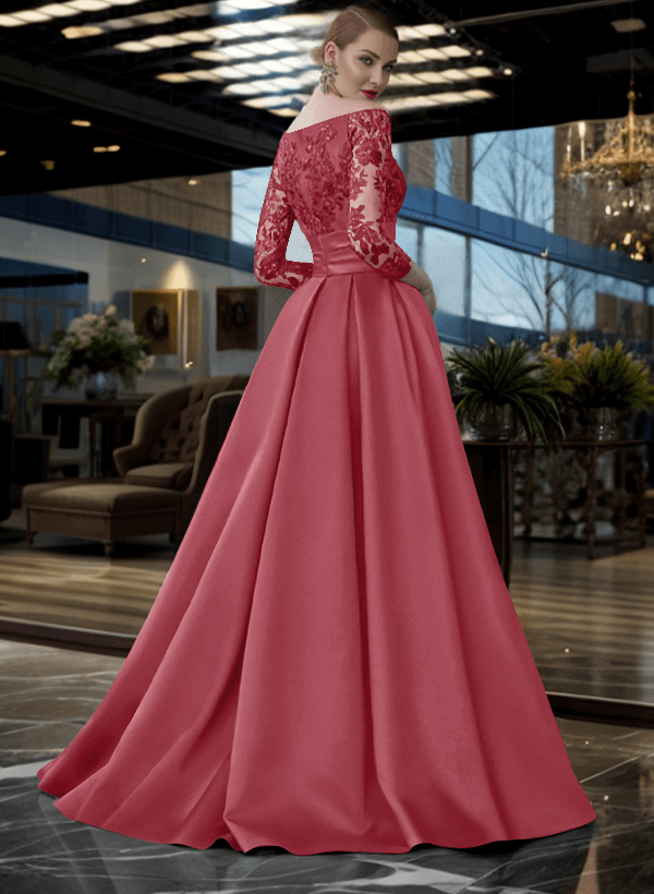 A-Line Off-The-Shoulder 3/4 Sleeves Sweep Train Lace/Satin Mother Of The Bride Dresses With Split Front