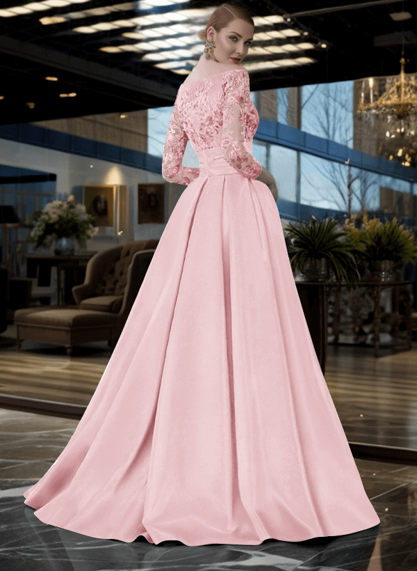 A-Line Off-The-Shoulder 3/4 Sleeves Sweep Train Lace/Satin Mother Of The Bride Dresses With Split Front