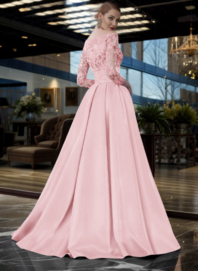A-Line Off-The-Shoulder 3/4 Sleeves Sweep Train Lace/Satin Mother Of The Bride Dresses With Split Front