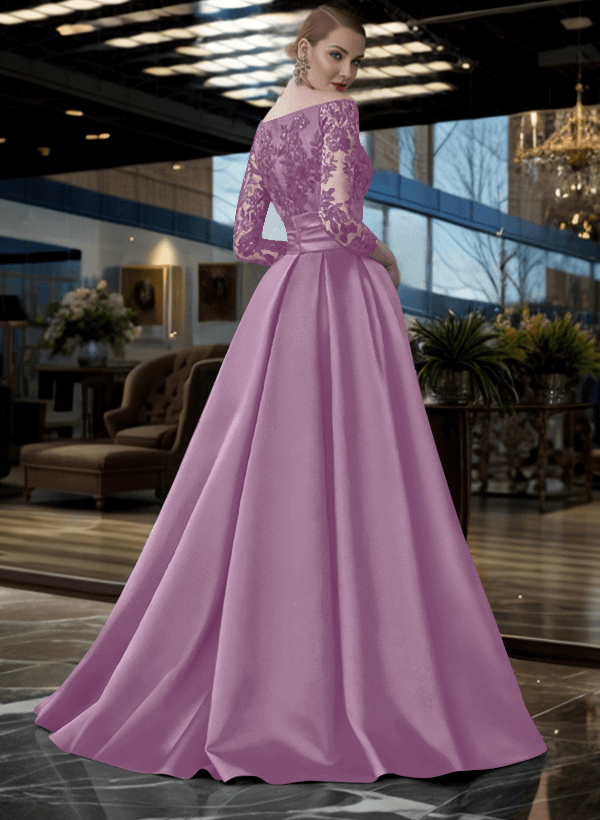 A-Line Off-The-Shoulder 3/4 Sleeves Sweep Train Lace/Satin Mother Of The Bride Dresses With Split Front