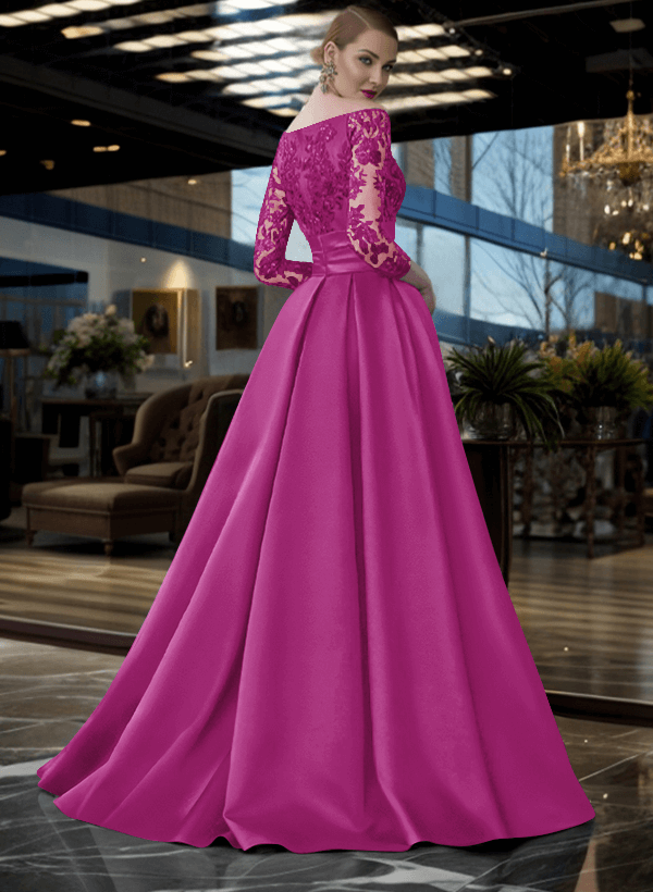A-Line Off-The-Shoulder 3/4 Sleeves Sweep Train Lace/Satin Mother Of The Bride Dresses With Split Front